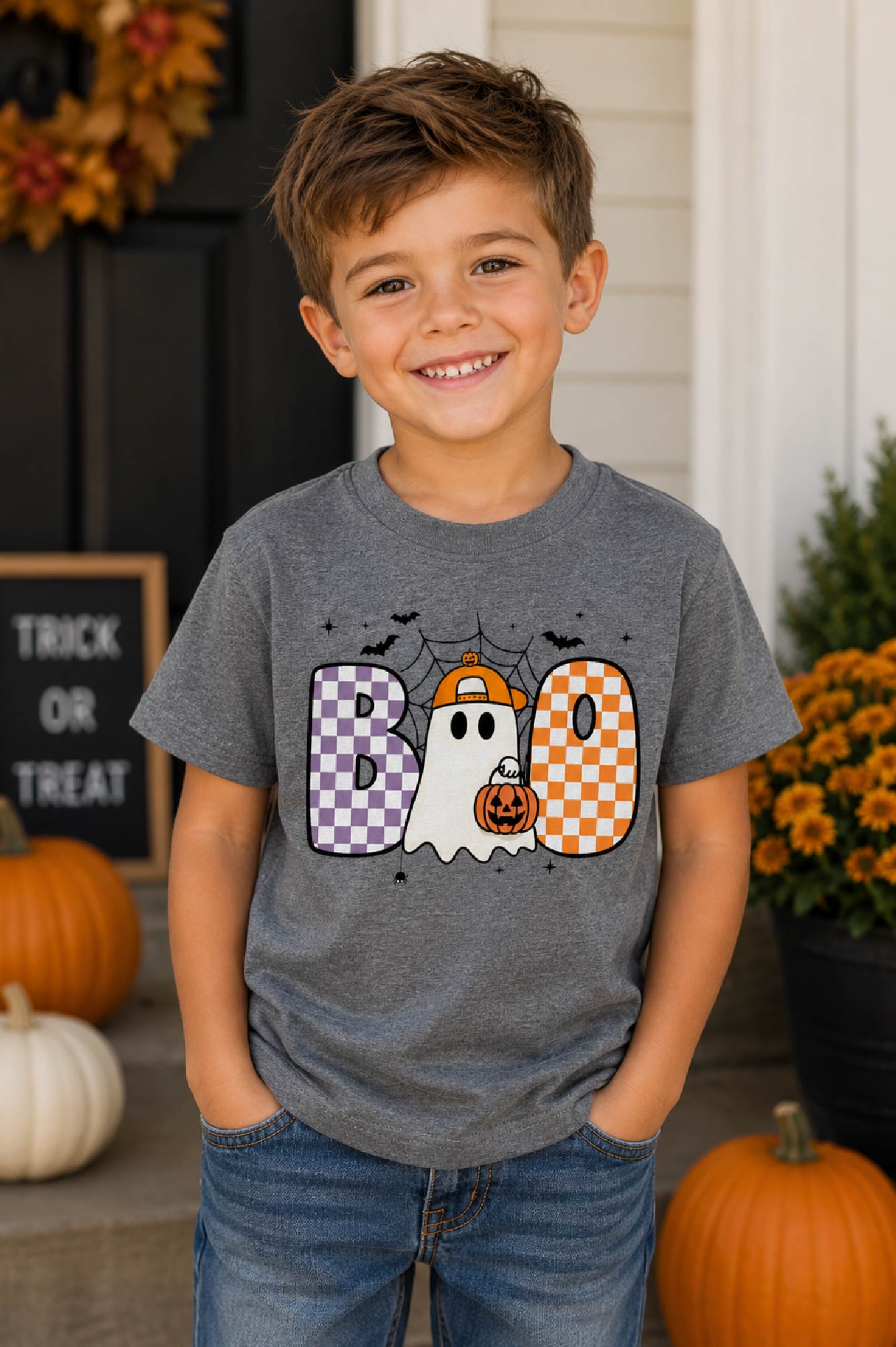 Boys Boo Ghost Halloween Shirt | Cute Checkered Ghost Kids Tee