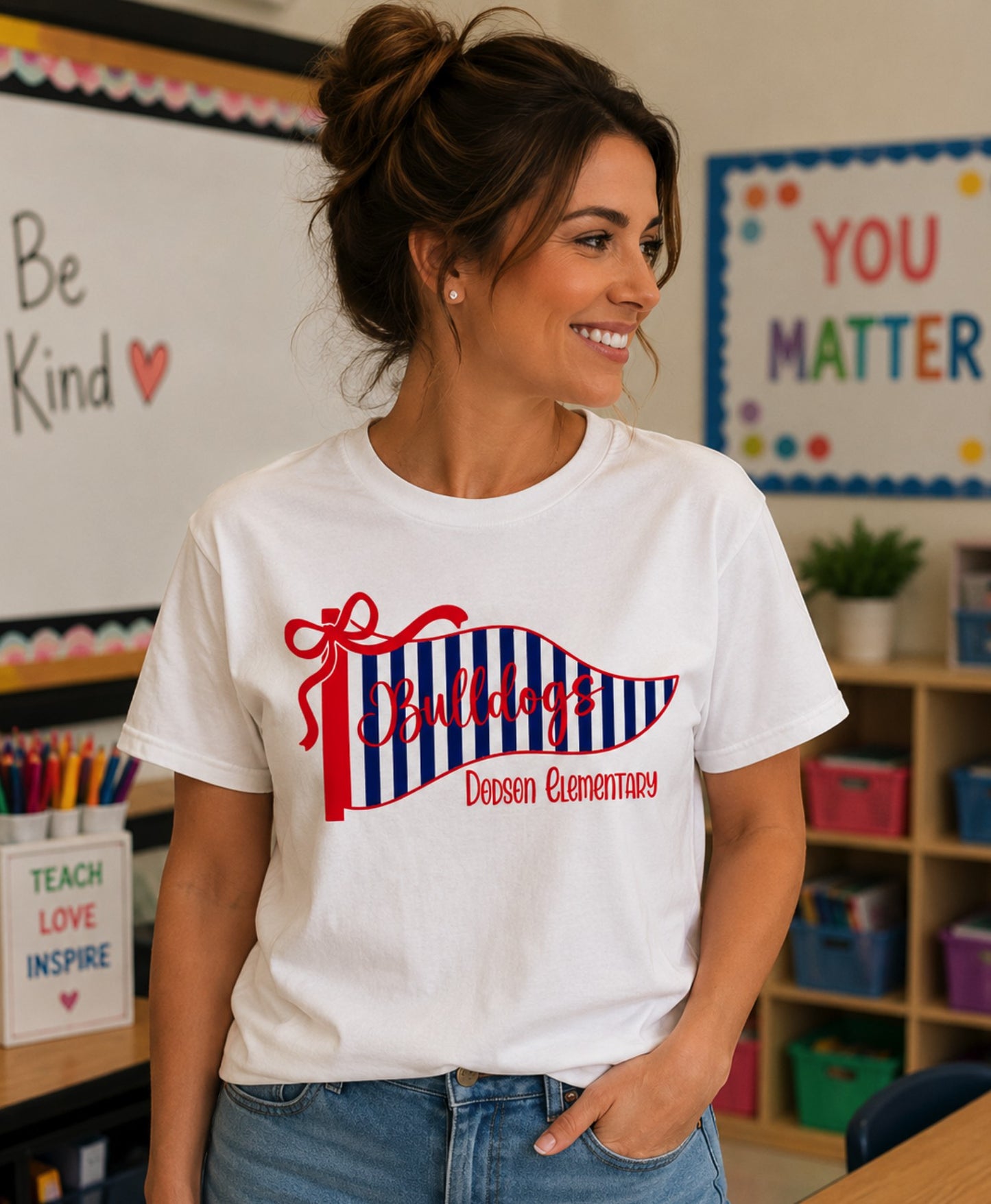 Bulldogs Striped Pennant Comfort Colors Tee - Dodson Elementary