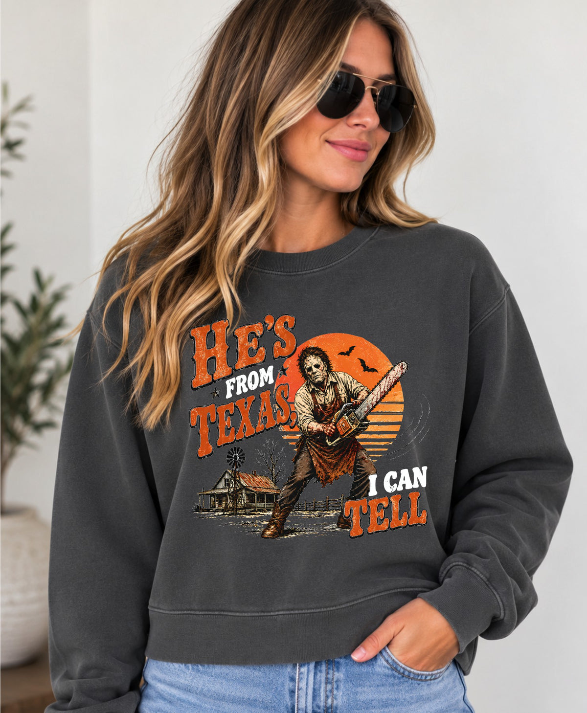 He's from Texas I can tell cropped sweatshirt