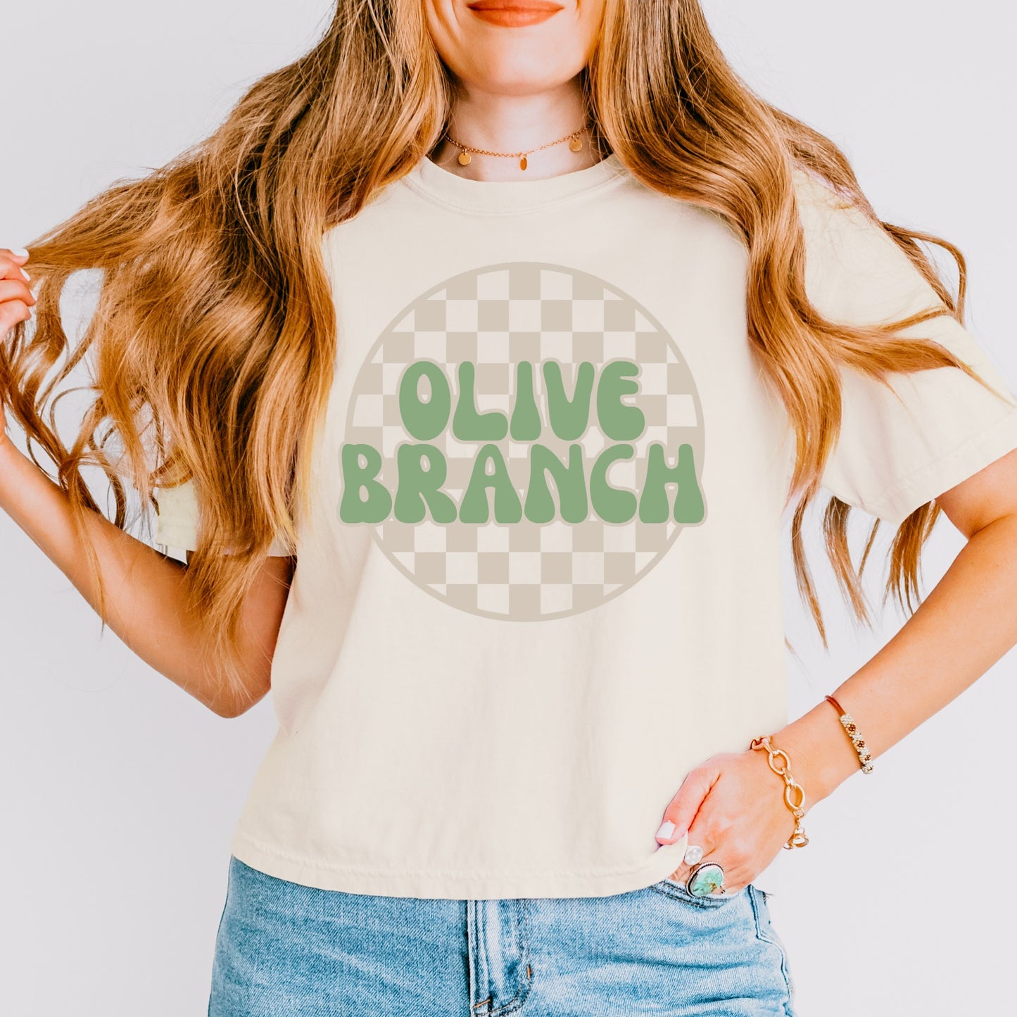 Olive Branch Retro Checkered Boxy Crop Tee