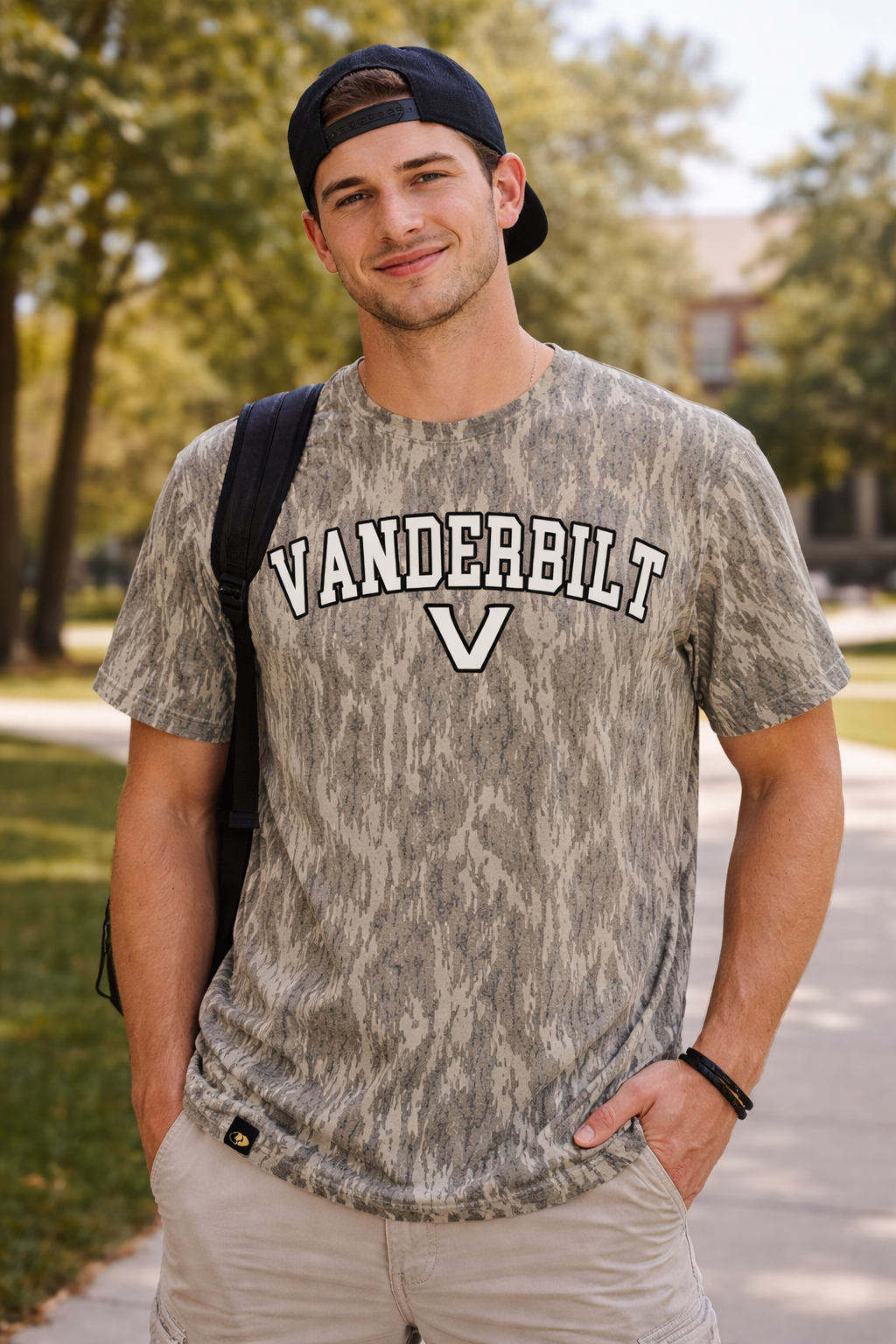 Vanderbilt V Mossy Oak Bottomland Varsity Tee – Collegiate Camo Graphic Shirt