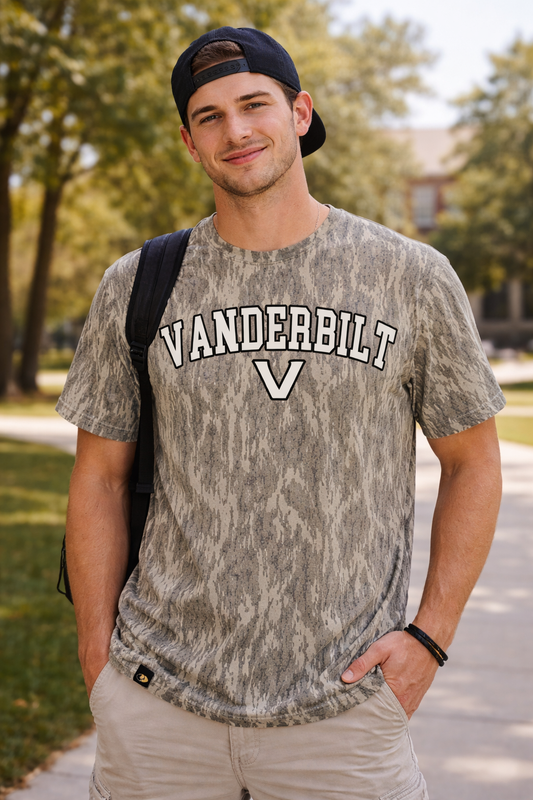 Vanderbilt V Mossy Oak Bottomland Varsity Tee – Collegiate Camo Graphic Shirt