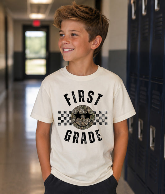 First Grade Camo Smiley Face Tee