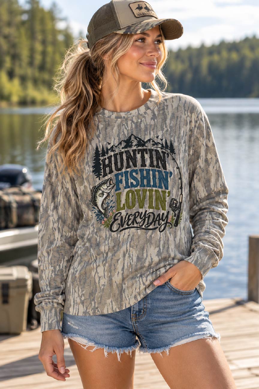 Huntin' Fishin' Lovin' Everyday Mossy Oak Bottomland Camo Long Sleeve Tee-PRE ORDER