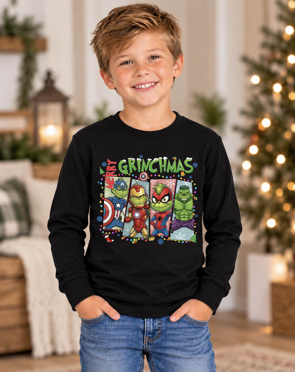 Merry Grinchmas Superhero Squad Long Sleeve Tee
