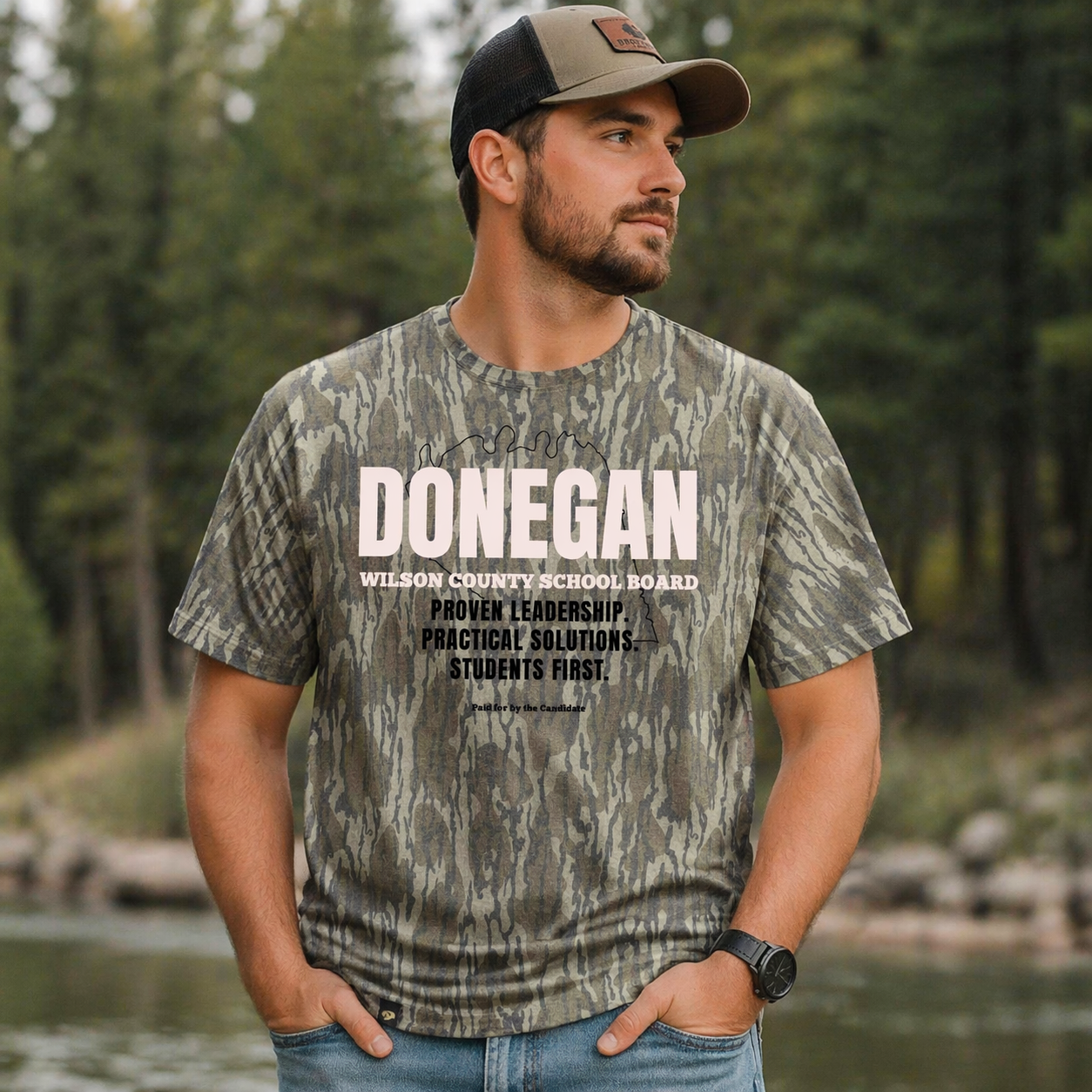 Donegan for Wilson County School Board Mossy Oak Bottomland Camo Tee