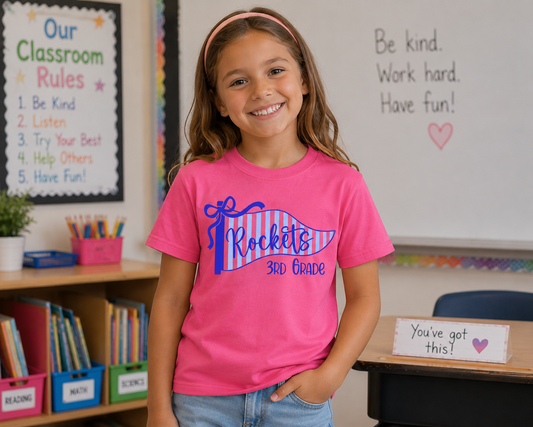 Rockets 3rd Grade Striped Pennant Comfort Colors Tee