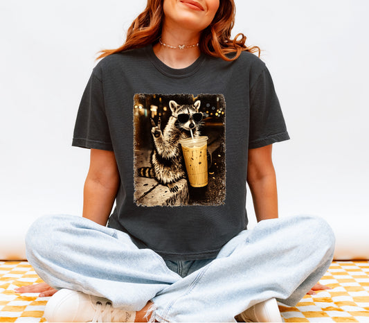 Vintage Peace, Love & Iced Coffee Raccoon Boxy Crop Tee