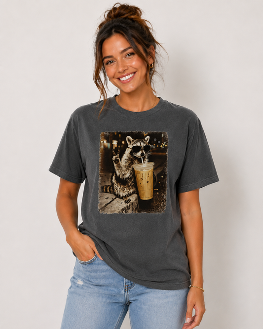 Vintage Peace, Love & Iced Coffee Raccoon Tee