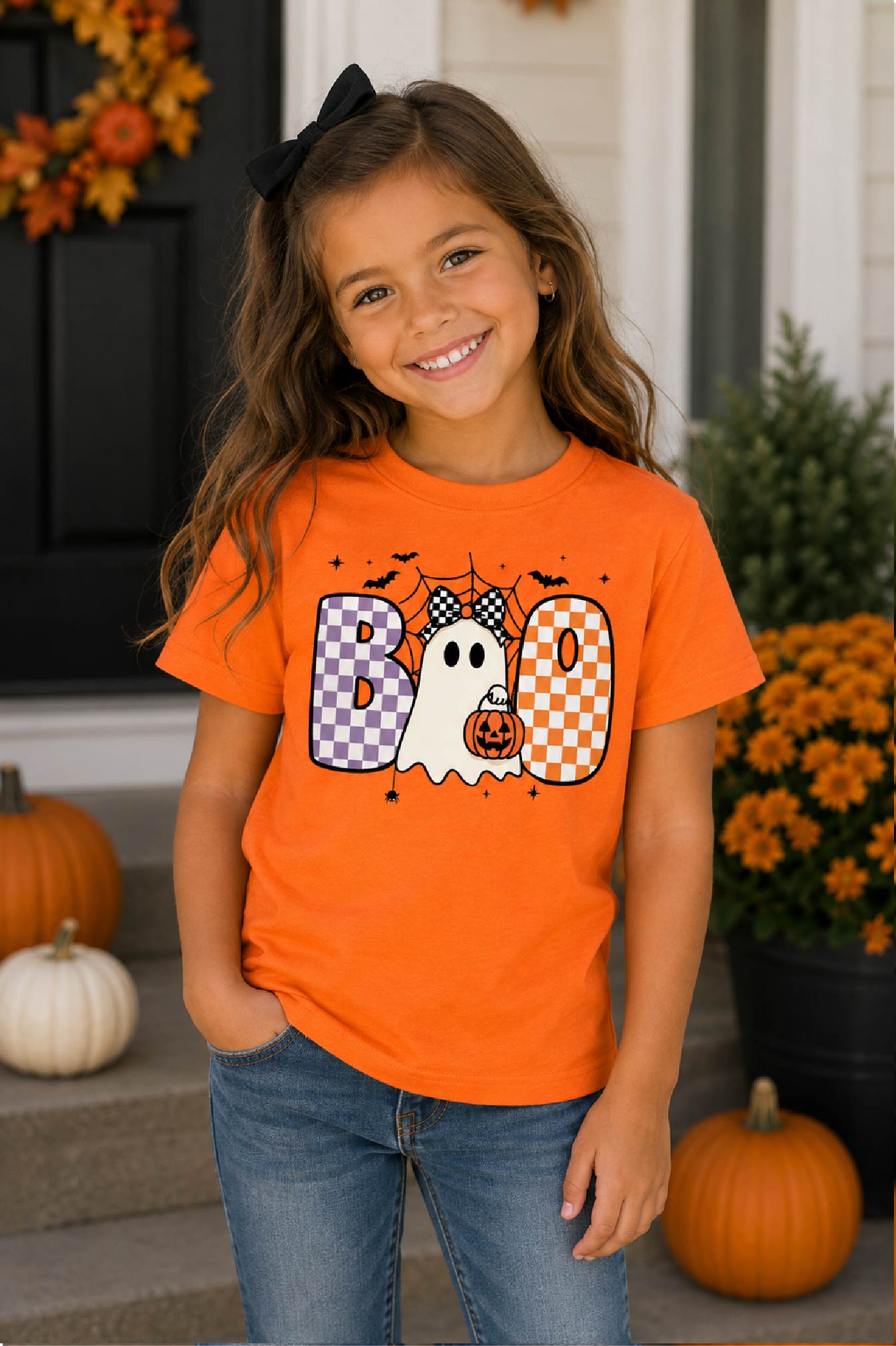 Girls Boo Ghost Halloween Shirt | Cute Checkered Ghost Kids Tee
