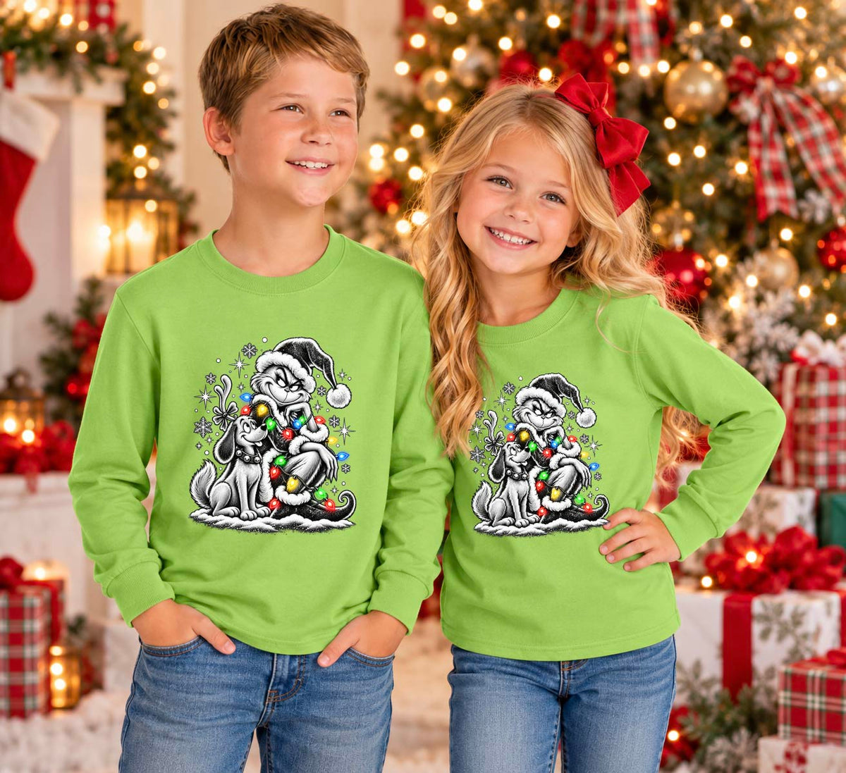 Grinch & Max Christmas Lights Long Sleeve Tee